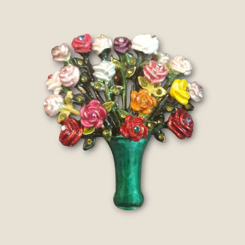 Vase of Roses Enameled Brooch Pin Flowers Basket